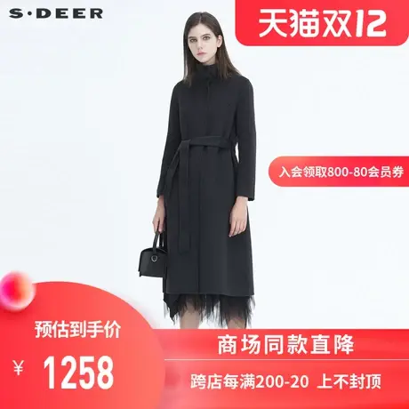 sdeer圣迪奥冬季女装休闲立领收腰通勤中长款毛呢大衣S20481801图片