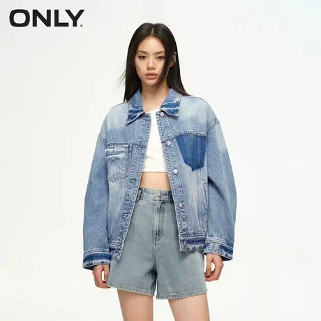 ONLY奥莱夏季做旧水洗破洞OVERSIZE翻领牛仔外套女图片