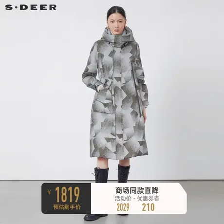 sdeer圣迪奥女装高领连帽撞色印花长款羽绒服S22482412🖨商品大图