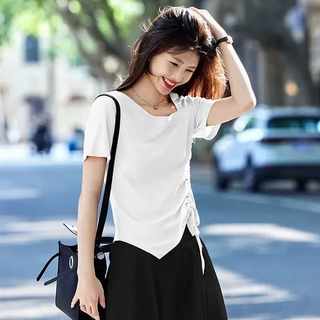 时尚短袖T恤2025年夏季新款女显瘦纯色简约通勤百搭不规则上衣图片
