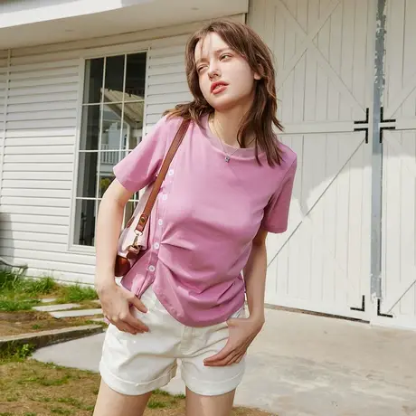 a02侧边抽褶收腰设计短袖上衣夏季遮肉显瘦休闲个性女式T恤图片