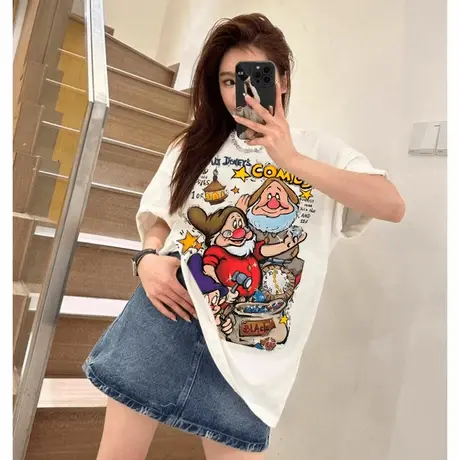 重磅夏季落肩半袖短袖t恤小众时尚洋气女装百搭圆领上衣休闲大版T商品大图