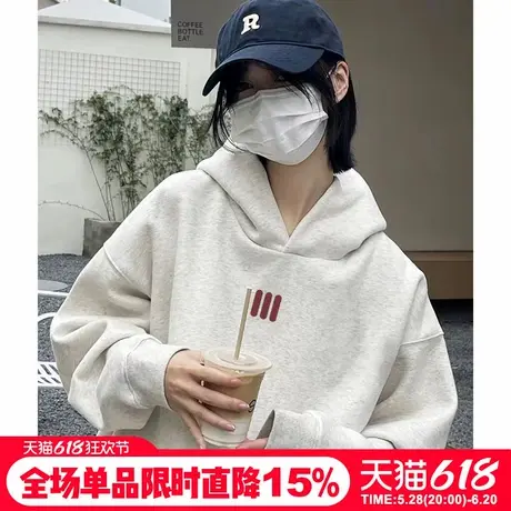 美式慵懒风设计感韩系宽松花灰色连帽卫衣女2025秋冬新款加绒上衣图片