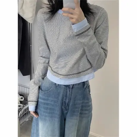 小个子短款条纹长袖T恤女早秋韩版修身假两件上衣内搭外穿打底衫商品大图