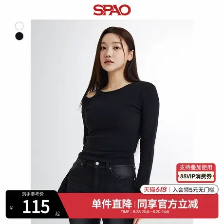 SPAO韩国同款春季女士修身性感肩部镂空时髦纯色长袖T恤打底衫图片