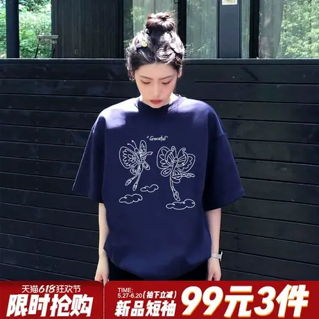 2025夏季新款藏蓝色短袖t恤女超好看ins风蝴蝶印花通勤百搭上衣潮商品大图