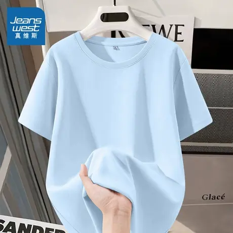 KMV真维斯蓝色纯棉短袖t恤夏季新款女士圆领宽松透气大码美式上衣商品大图