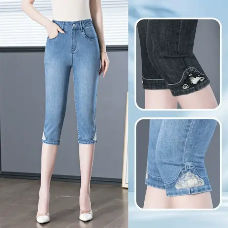 夏季新款高腰紧身显瘦大码七分牛仔裤休闲国风弹力铅笔裤马裤女商品大图