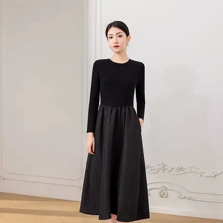 希区瑞普希区瑞普2025新款黑色高腰针织拼接连衣裙伞裙赫本风女商品大图