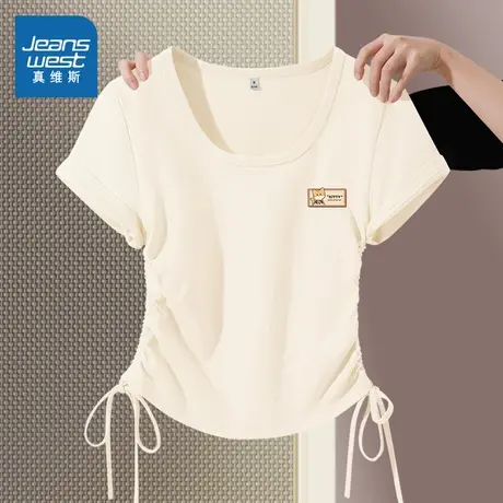 KMV真维斯抽绳U领短袖t恤女2025新款夏季短款小个子收腰上衣体恤商品大图