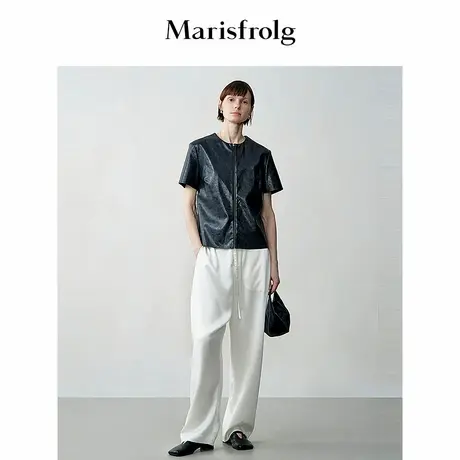 【无压力职场】玛丝菲尔秋抽绳收腰白色醋酸缎休闲长裤商品大图