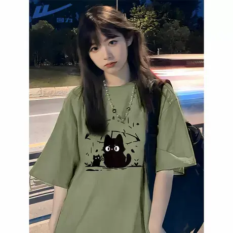 回力短袖t恤女夏季2025年新款夏款女装绿色上衣大码纯棉宽松半袖A图片