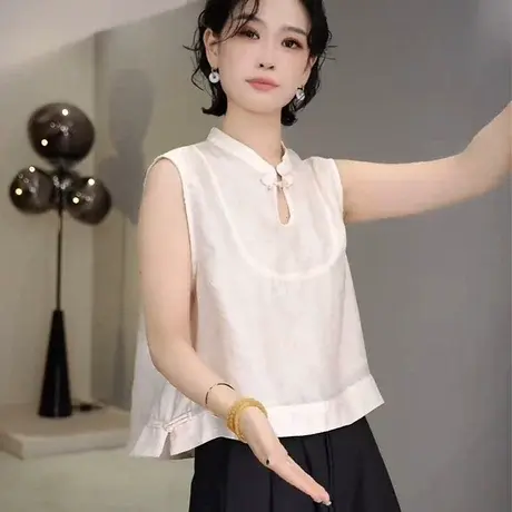 新中式国风盘扣立领无袖衬衫女2025新款夏季宽松显瘦短款气质上衣图片