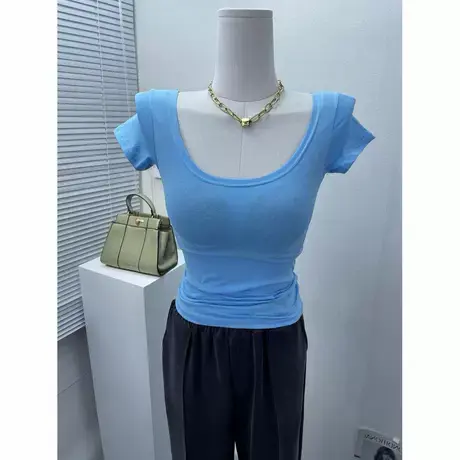 傲人身材~薄款微透大圆领短袖T恤女短款紧身性感体恤打底上衣春夏图片