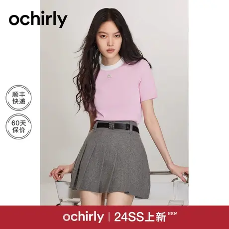 撞边短袖针织衫女 ochirly欧时力2024新款春装上衣法式钉章仔通勤图片