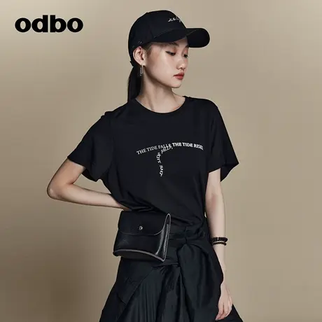 odbo/欧迪比欧原创黑白设计圆领短袖印花T恤女夏季新款上衣图片