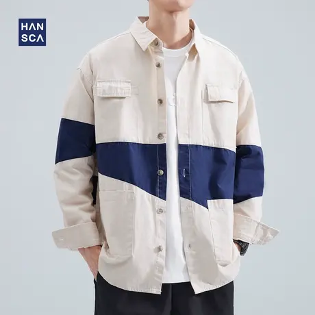 hansca宽松休闲衬衫男高级感秋季新款潮流时尚拼接复古纯棉外套男商品大图