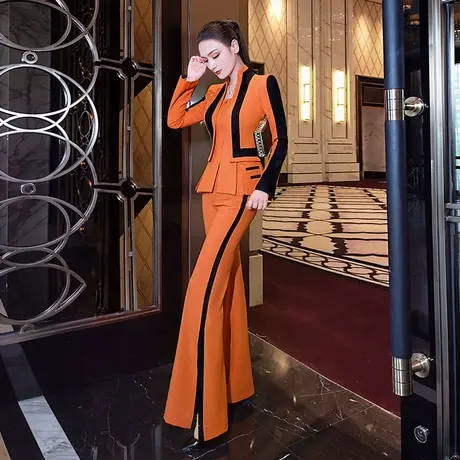 VJE早春欧货撞色套装新款气质立领假两件上衣外套阔腿喇叭裤商品大图
