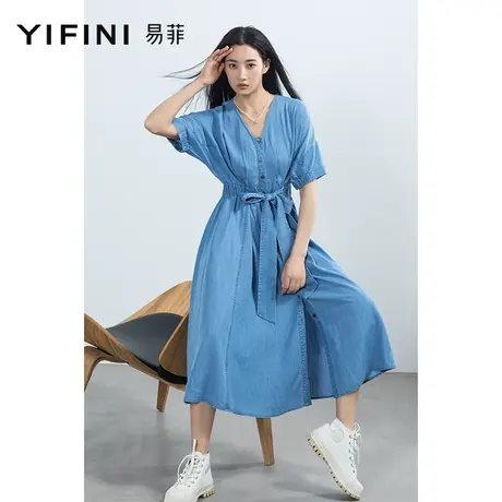 Yifini/易菲V领短袖复古收腰大摆连衣裙女2023夏季新款牛仔裙图片