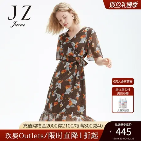 JUZUI/玖姿官方奥莱店夏季新款枫叶气质收腰拼接女雪纺连衣裙图片