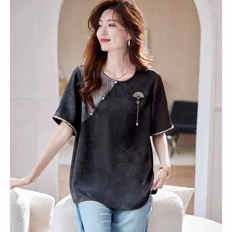 宝诗黎圆领提花拼接短袖T恤2025夏季新中式国风简约气质百搭上衣图片