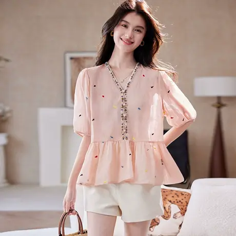 宝诗黎V领刺绣苎麻短袖衬衫女2025夏季时尚百搭洋气减龄休闲衬衣商品大图