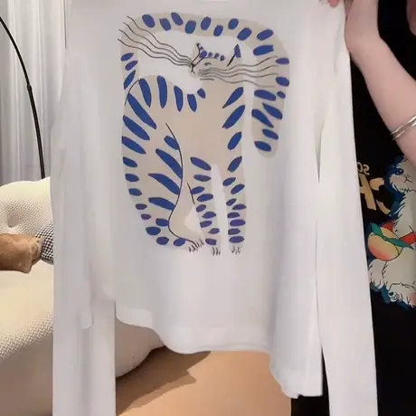 猫咪印花白色防晒长袖t恤女夏季2025年新款薄款空调罩衫短款上衣商品大图
