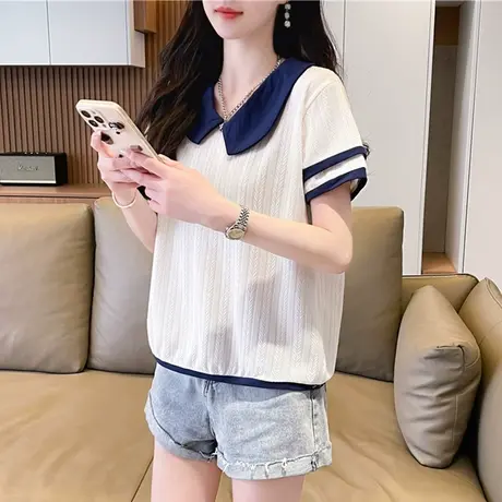 设计感小众娃娃领短袖t恤女夏季韩版宽松短款小个子假两件上衣服商品大图