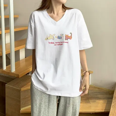 2025超好看的短袖女t恤夏别致独特漂亮的气质v领上衣chic韩系穿搭商品大图