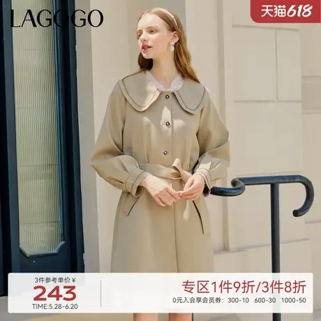 LAGOGO娃娃领收腰修身显瘦风衣女拉谷谷驼色中长款甜美减龄上衣商品大图