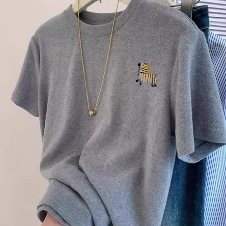 2025夏季新款圆领短袖t恤女纯棉宽松显瘦打底衫简约百搭正肩上衣商品大图