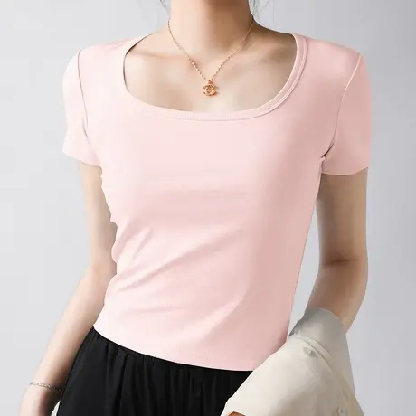 KV真维斯方领短袖正肩女t恤夏2025新款修身显瘦紧身U领内搭上衣女商品大图