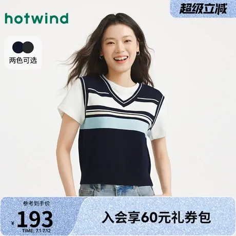 热风2025年秋季新款女士假两件套头条纹圆领短袖针织衫女修身简约图片