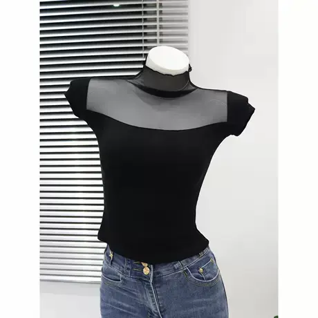 黑色微透网纱拼接短袖t恤女夏季性感辣妹短款修身显瘦薄款上衣潮图片