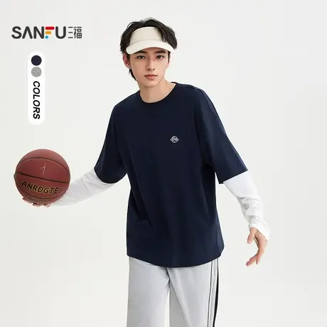 三福2025秋季男士小绣花假两件长T恤 休闲宽松圆领上衣506252商品大图