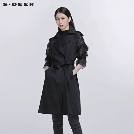 sdeer圣迪奥女装网纱蕾丝拼接长款双排扣黑色春秋装风衣S20181805图片