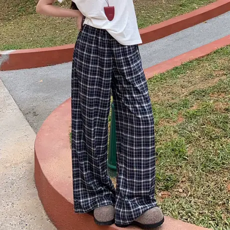 尔给时尚简约休闲裤女直筒春秋宽松显瘦格纹阔腿长裤女商品大图