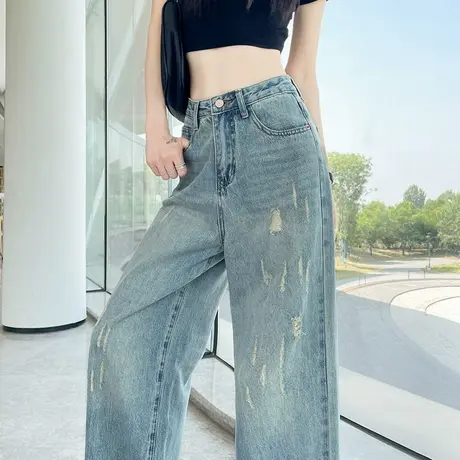 复古破洞阔腿牛仔裤女夏季薄款高腰宽松水洗抓痕直筒阔腿拖地长裤商品大图