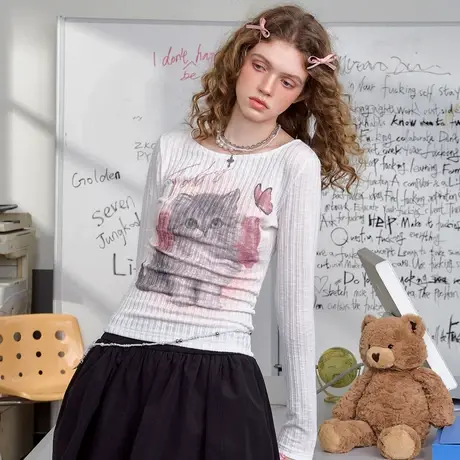 a02设计感个性气质紧身辣妹针织上衣2025春季高级感女式T恤商品大图