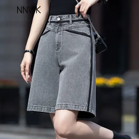 阴影撞色黑灰色牛仔短裤女夏季2025新款高腰宽松阔腿裤中裤五分裤图片