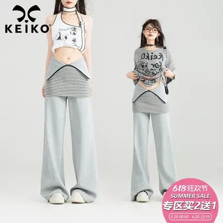 KEIKO 可调节翻腰灰色卫裤女25夏季设计感假两件式低腰阔腿运动裤图片