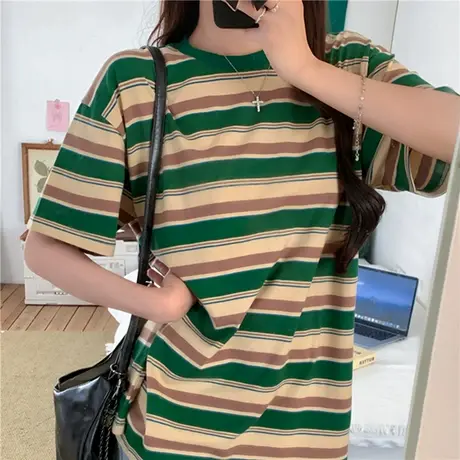 日系学院风复古绿色条纹短袖t恤男女夏季宽松小众纯棉打底衫上衣商品大图