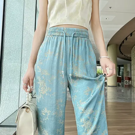 国风提花冰丝阔腿裤女夏季薄款高腰窄版垂感宽松显瘦休闲拖地长裤图片