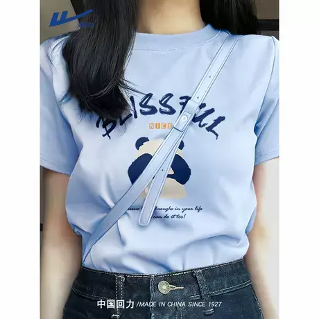 回力蓝色短袖t恤女夏季2025新款正肩纯棉大码女装女生显瘦上衣服A图片