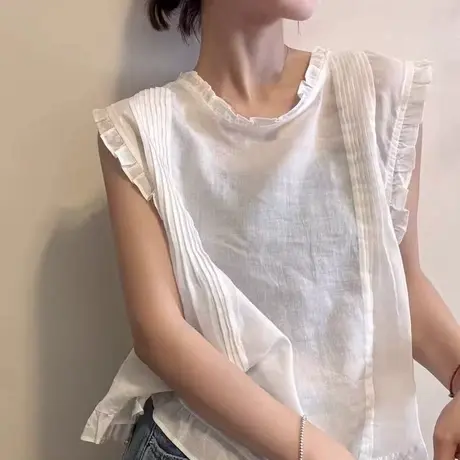 韩系木耳花边压褶无袖背心衬衫2025夏季新款女高级感洋气减龄上衣图片