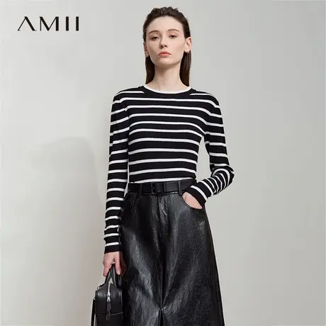 Amii2025秋新款极简通勤修身圆领条纹高弹针织套头长袖毛衣女图片