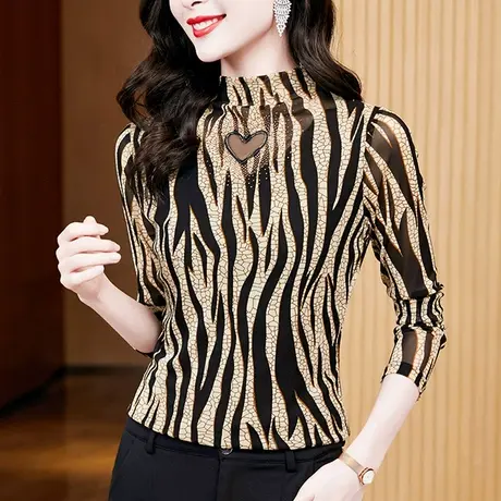 复古印花T恤女长袖2024秋装新款性感网纱上衣内搭半高领打底衫潮商品大图