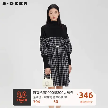 sdeer圣迪奥女装复古高领格纹收腰针织连衣裙S224Z1215商品大图