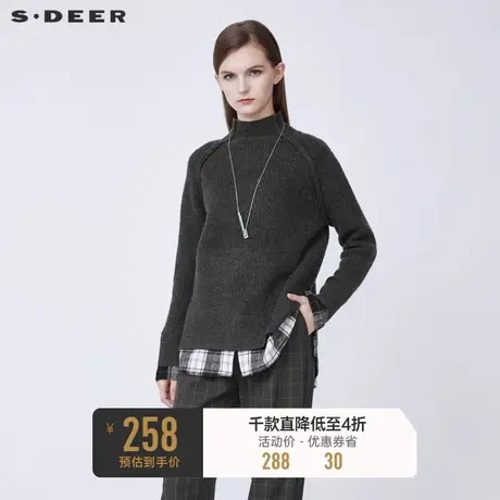 sdeer圣迪奥冬季休闲高领格纹拼接宽松针织衫女S21483514🐯商品大图