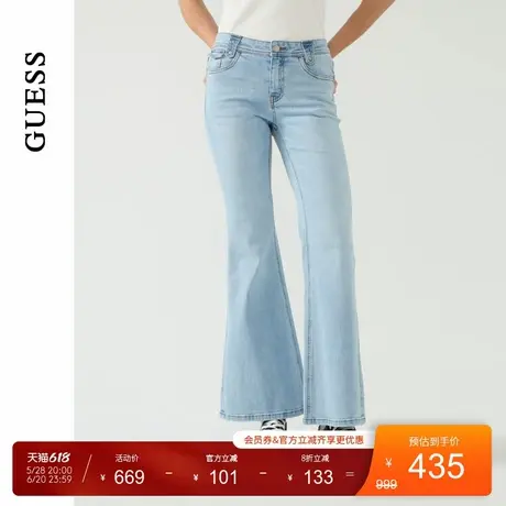GUESS25年新款春季女士经典水洗发白微喇阔腿牛仔裤-Q5PA82D51V0商品大图